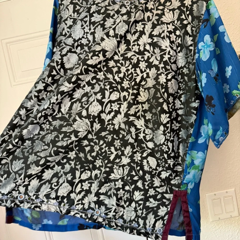 TIENDA HO blue navy burnout velvet floral mixed media mirror trim boxy oversized